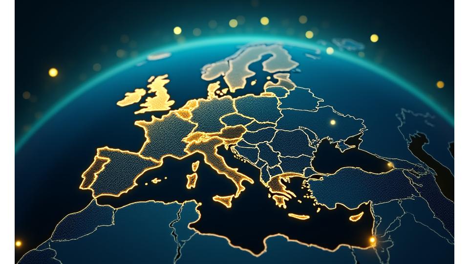 Visualisering av et internasjonalt partnernettverk, der Norge er strategisk plassert som et knutepunkt blant europeiske land, med Firvion-branding.