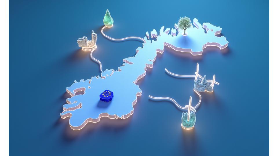 En visuell fremstilling av Norges konkurransefortrinn, med ikoner som representerer bærekraft, digitalisering, arktisk forskning og energiomstilling, i en sammenvevd diagramform.