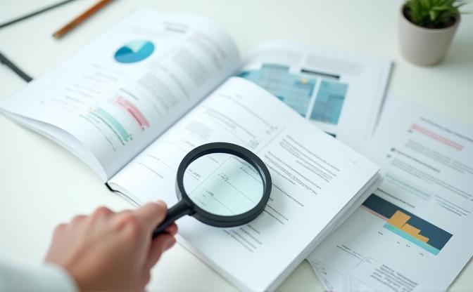 Open financial guide with magnifying glass