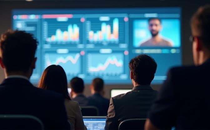 People watching a webinar on a screen with graphs