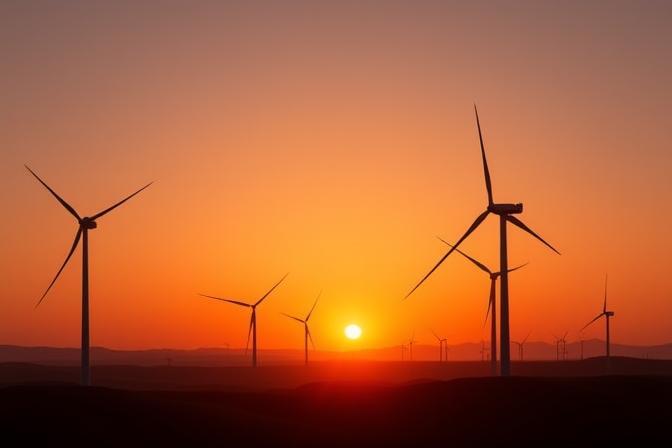 Renewable energy wind turbines at sunset