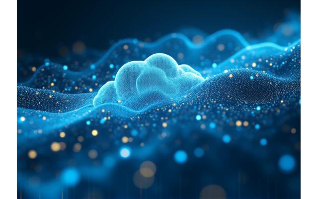 Et abstrakt bilde som representerer digital transformasjon med flytende data og skyforbindelser
