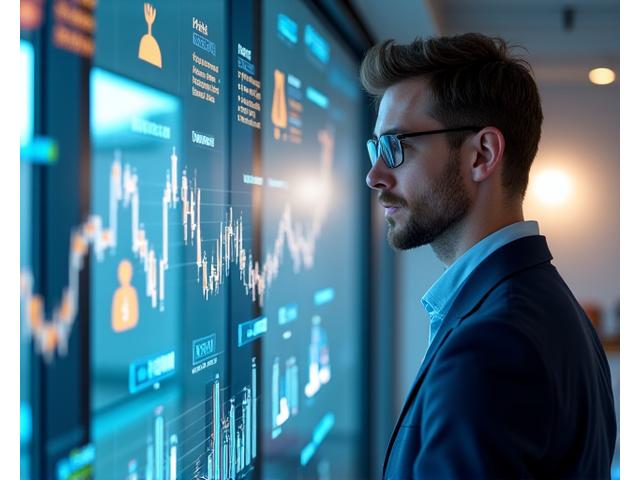SMB-sjef som ser på en digital dashboard med økende grafer som symboliserer økonomisk vekst og innovasjon
