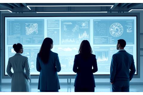 Case study bilde: Forskningslaboratorium med forskere som diskuterer data på en futuristisk skjerm, symboliserer innovasjon og forskningsprosjekter.