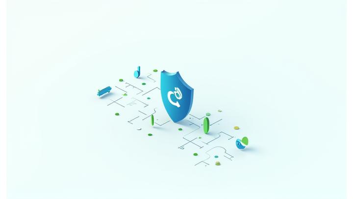 Illustrasjon av en sikker dataflyt, med symboler for kryptering og beskyttet informasjon som beveger seg gjennom et nettverk av sikre servere, i tråd med Firvions farger.