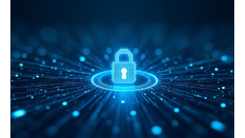 Et stilisert bilde av en digital hengelås omgitt av lysende datanettverk, som symboliserer datasikkerhet og GDPR-etterlevelse. Fargene er i tråd med Firvions merkevare.