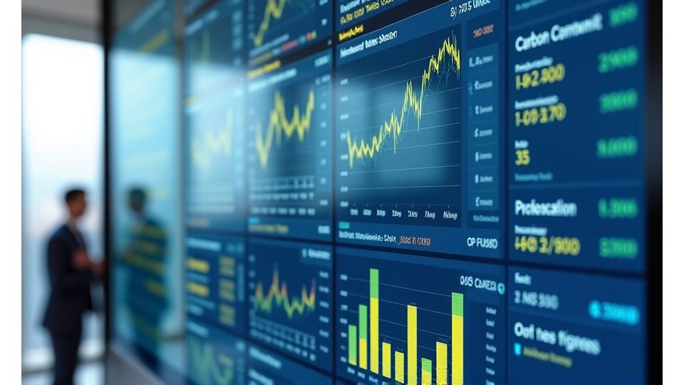 Visualisering av et dashboard som viser karbonprising og økonomiske data, med grafer og diagrammer som illustrerer finansielle fordeler av klimaarbeid.
