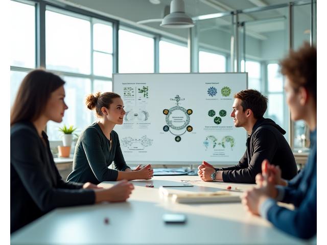 Et team av innovatører diskuterer gjenbruk av materialer i et moderne designstudio, med fokus på sirkulær økonomi.