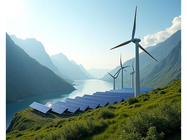 Moderne fornybar energipark med vindturbiner og solpaneler i et naturskjønt norsk landskap.