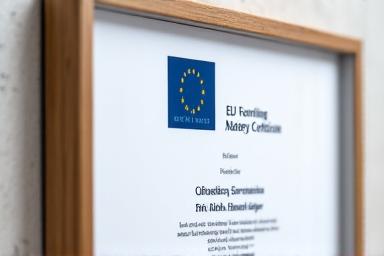 Et innrammet sertifikat fra et anerkjent europeisk fondsprogram, som viser formell akkreditering og ekspertise innen EU-finansiering. Sertifikatet skal ha minimalistisk design med Firvions farger, og være fokusert på tekst som 'EU-Funding Expert Certification' uten spesifikke organisasjonsnavn for å unngå potensielle juridiske issues.