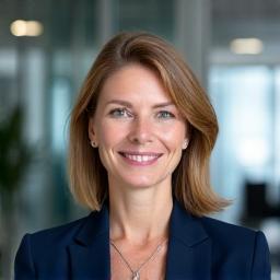 Et profesjonelt portrett av Firvions ledende rådgiver, en kvinne i 40-årene, i en forretningssetting med et nøytralt, men sofistikert bakgrunn. Hun utstråler tillit og kompetanse.