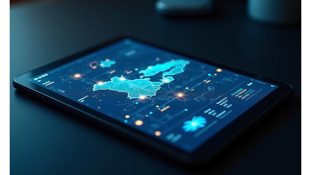 En interaktiv digital skjerm som viser en kompleks, men ryddig database med ikoner for ulike finansieringskilder (f.eks. EU, lokale myndigheter, miljøfond). Skjermen lyser med farger, primært den lysere primærfargen, grønn og gul fra paletten, og viser sanntidsdata som flyter over et kart av Norge og Europa, med uthevede datapunkter for tildelinger. Fokus på klarhet og tilgjengelighet.