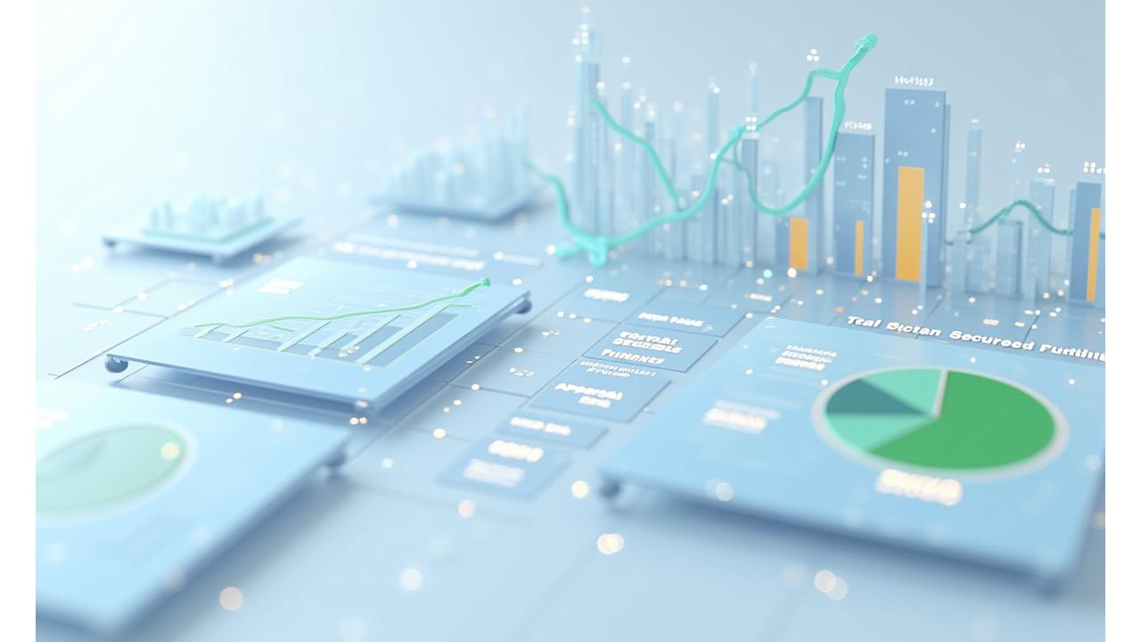 Et rent, moderne grafisk dashboard med animerte statistiske grafer og tall som viser vekst og suksess. Hovedelementer er en linjegraf som viser 'Tilskudd Sikret Over Tid' i primærfargen, sektordiagrammer for 'Innvilgelsesrate' der den grønne fargen dominerer, og stolpediagrammer for 'Spart Tid' og 'ROI' med bruk av aksentgul og mørkeblå. Estetikken er profesjonell, med fokus på tydelig datavisualisering og positive trender.